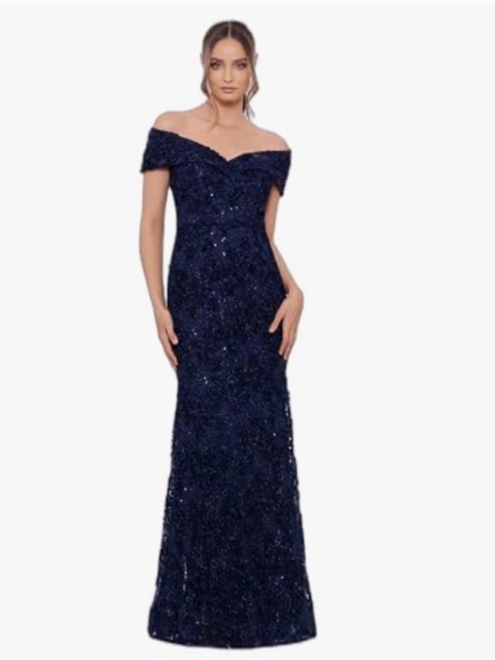 Xscape Off-the-Shoulder Sweetheart Neckline Sequin & Rosette Trumpet Gown NWT